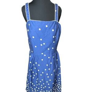 Vintage Blue White Polka Dot Fit Flare Dress Size 14 Smocked R&K Originals Sun